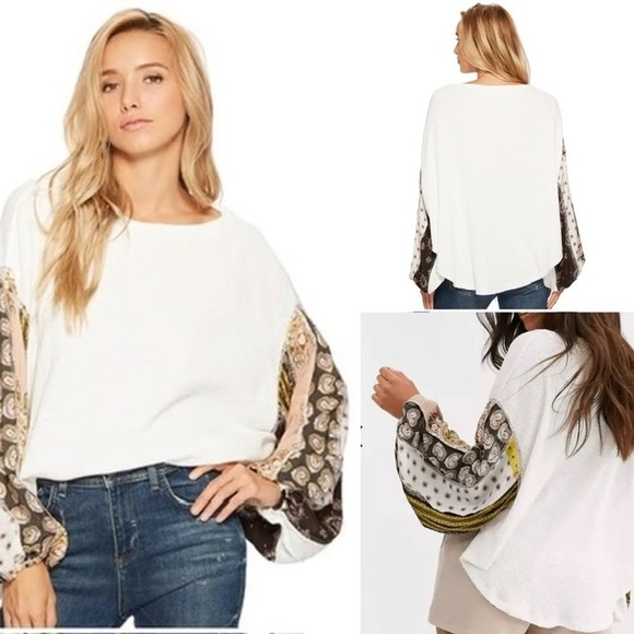 Free People Blossom thermal ballon sleeve top size XS mixed media boho festival - Picture 1 of 8